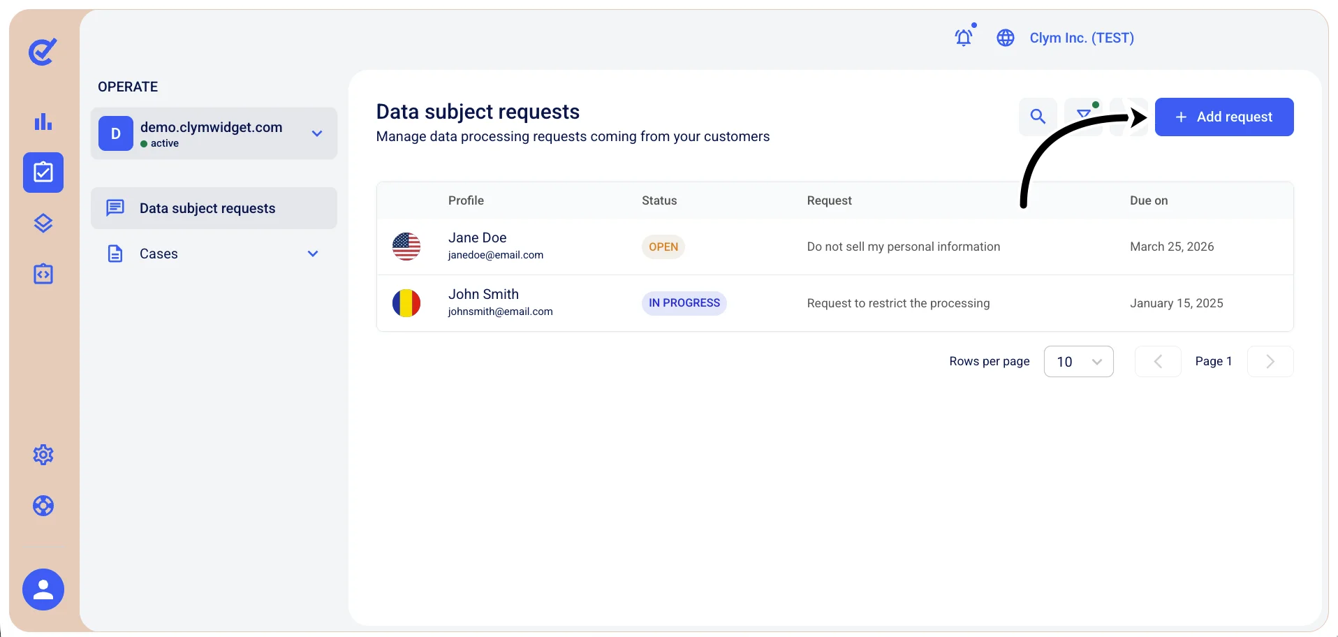Add request button