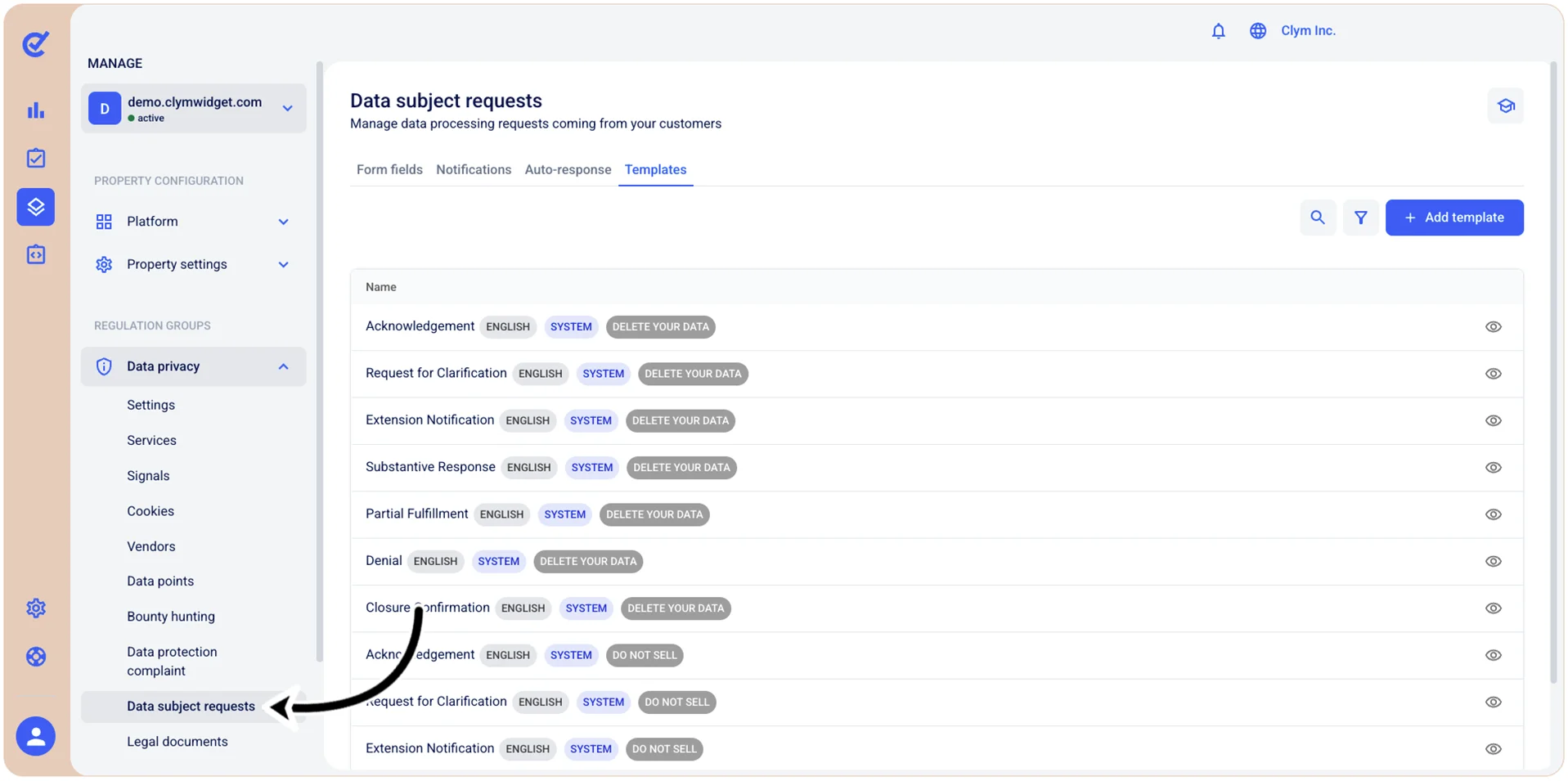 Data subject requests settings section