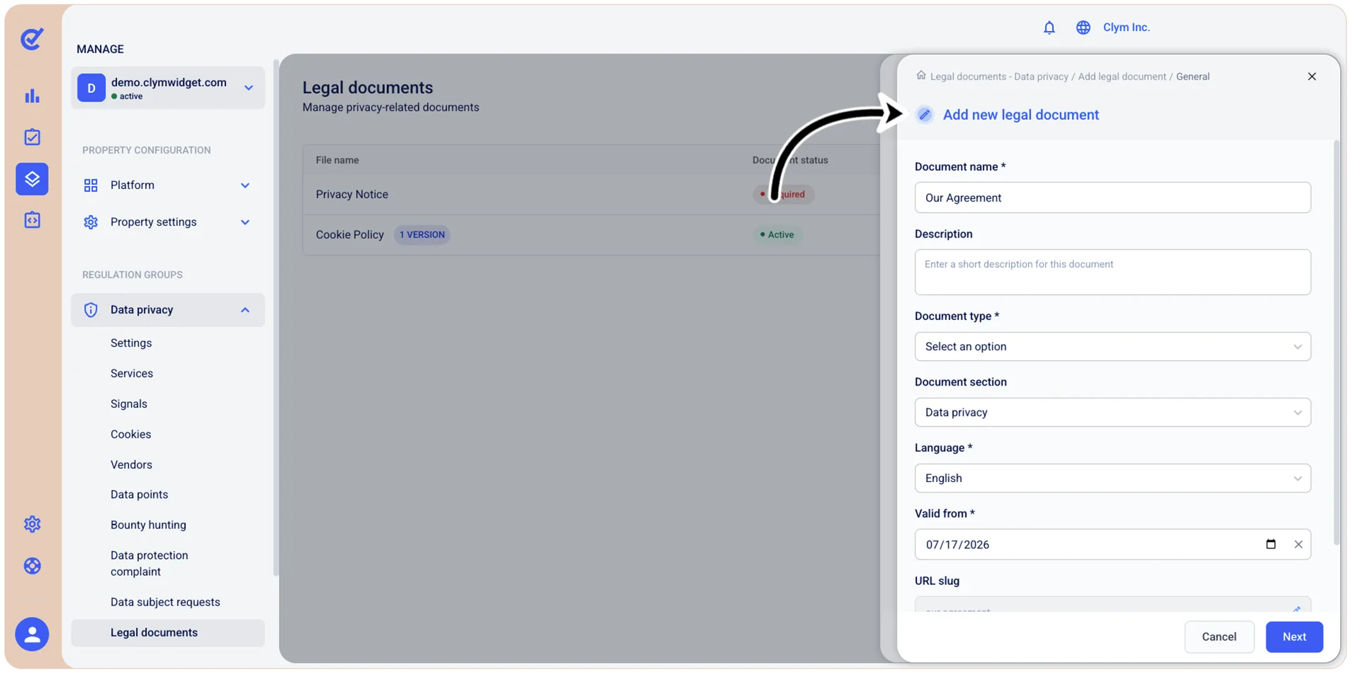 Add new legal document window