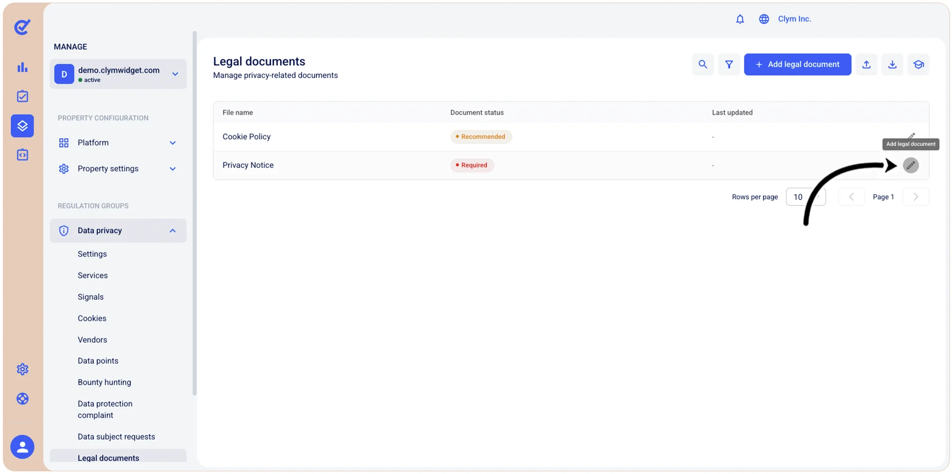 Add legal document button