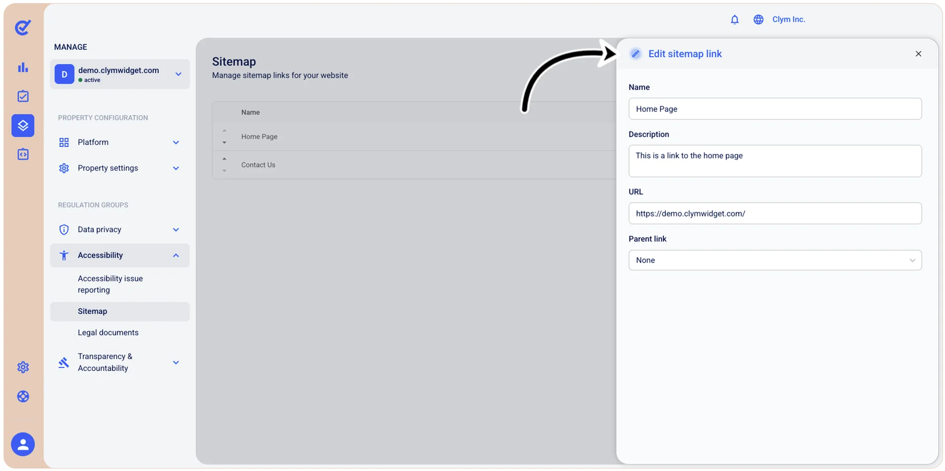 Edit sitemap link window