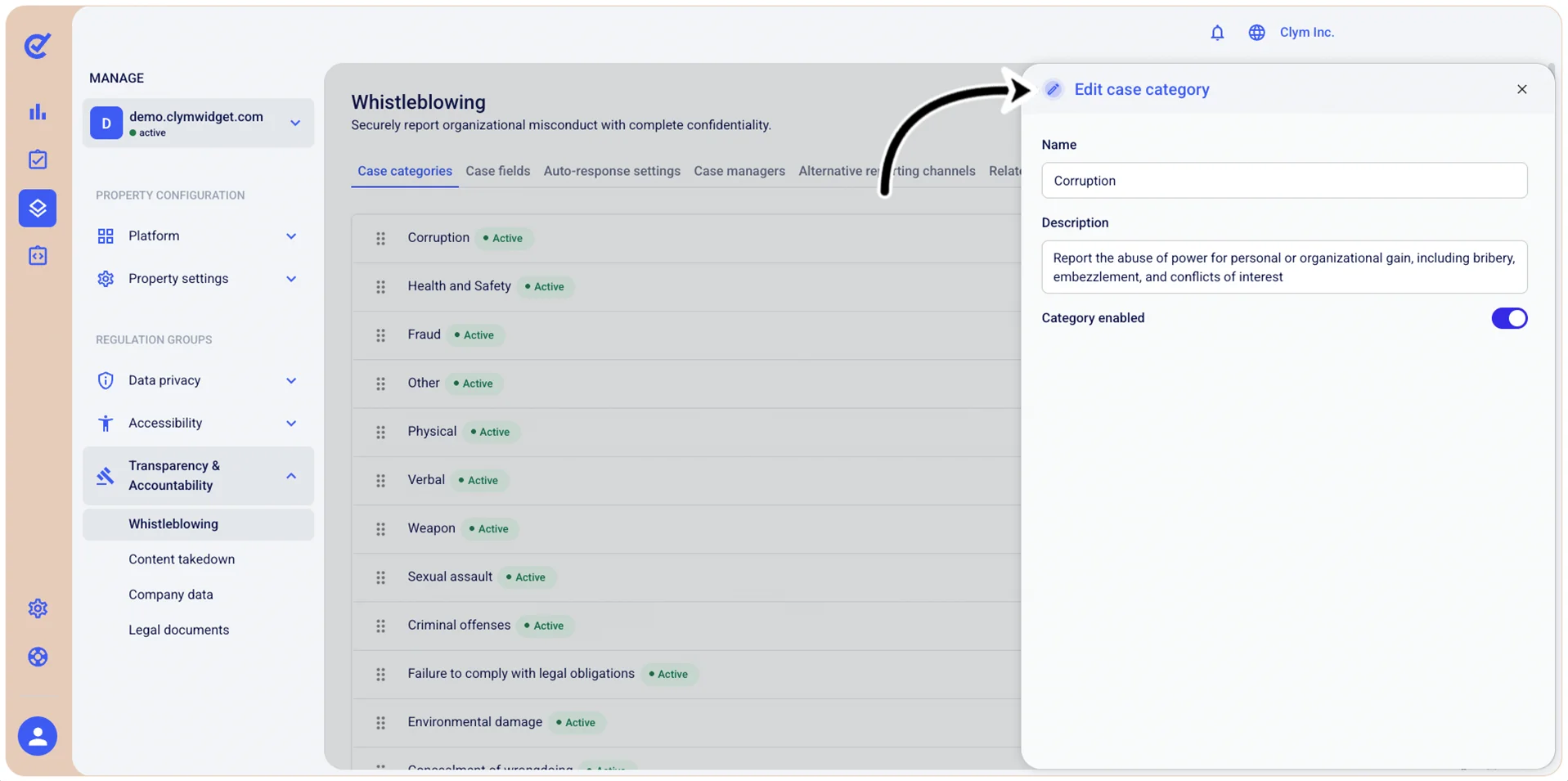 Edit case category window