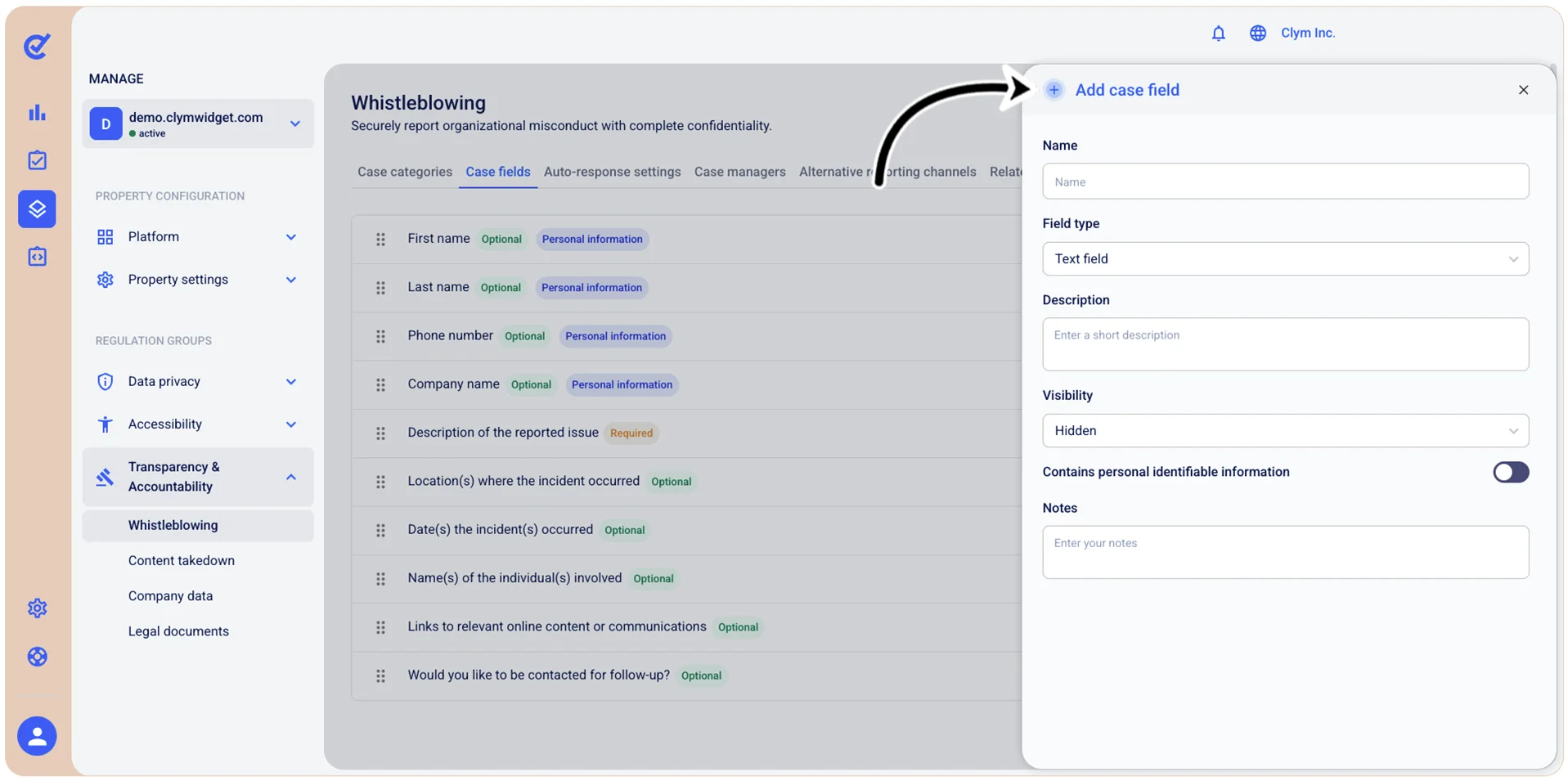 Add case field window