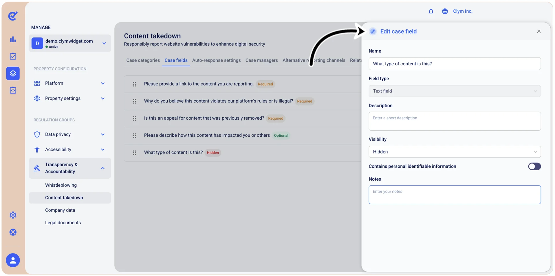 Edit case field window