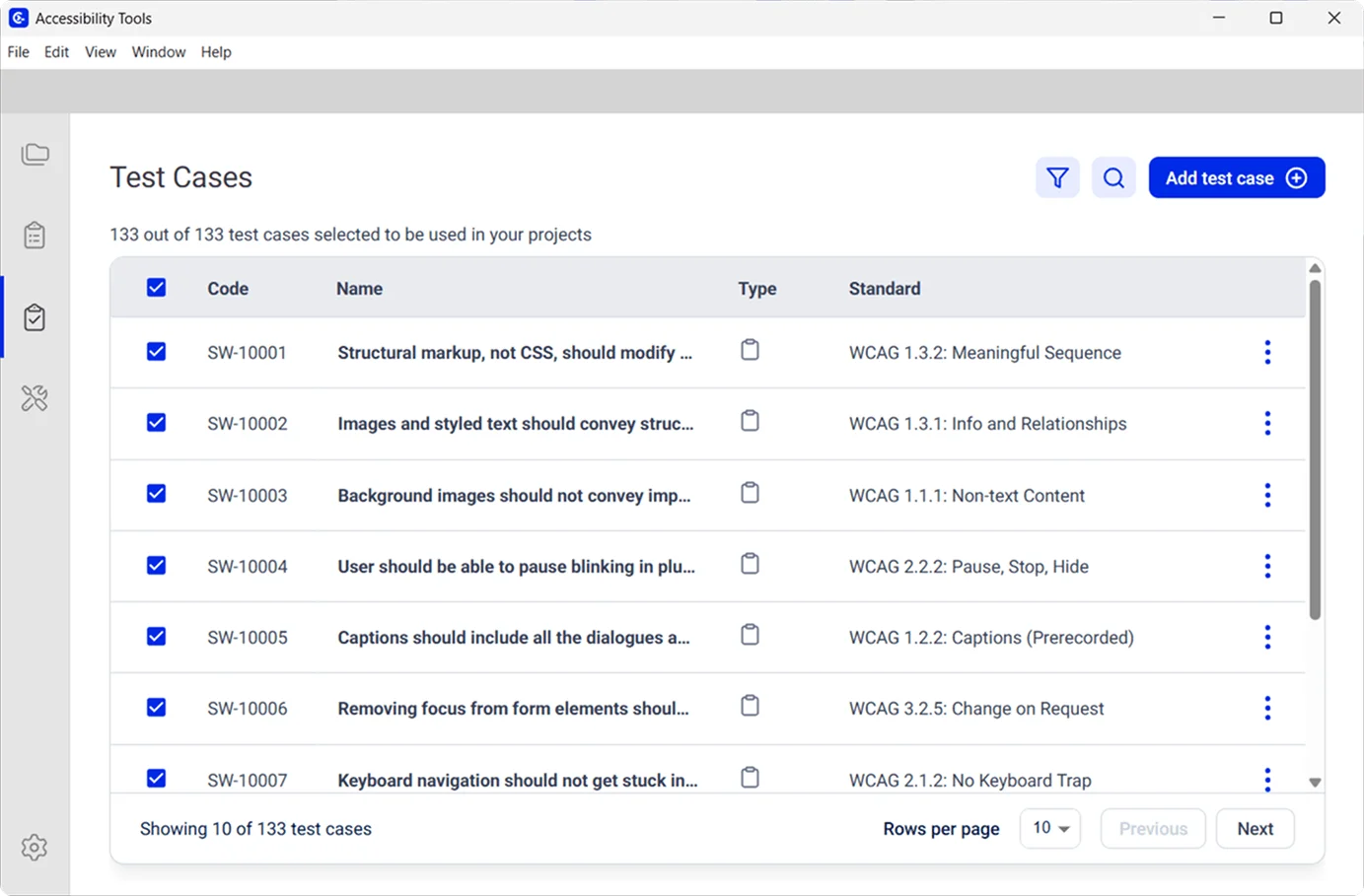 Clym Accessibility Tools - Test cases tab