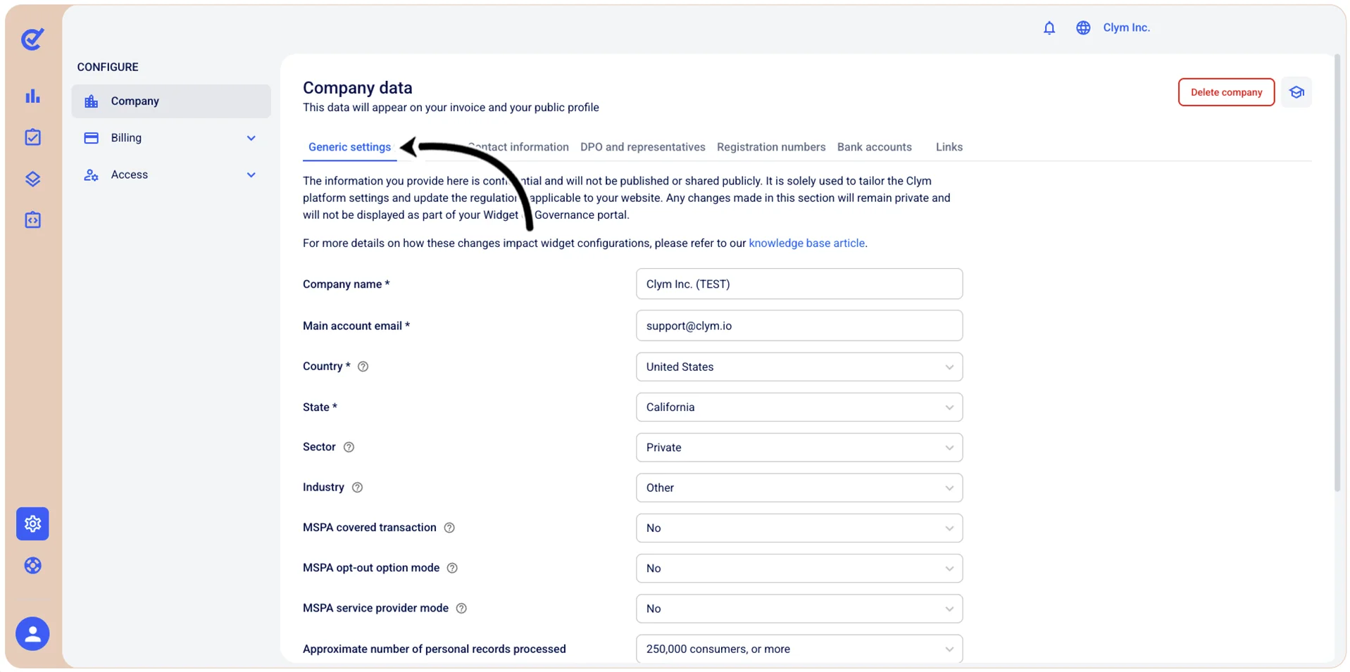 Generic settings section of Company data