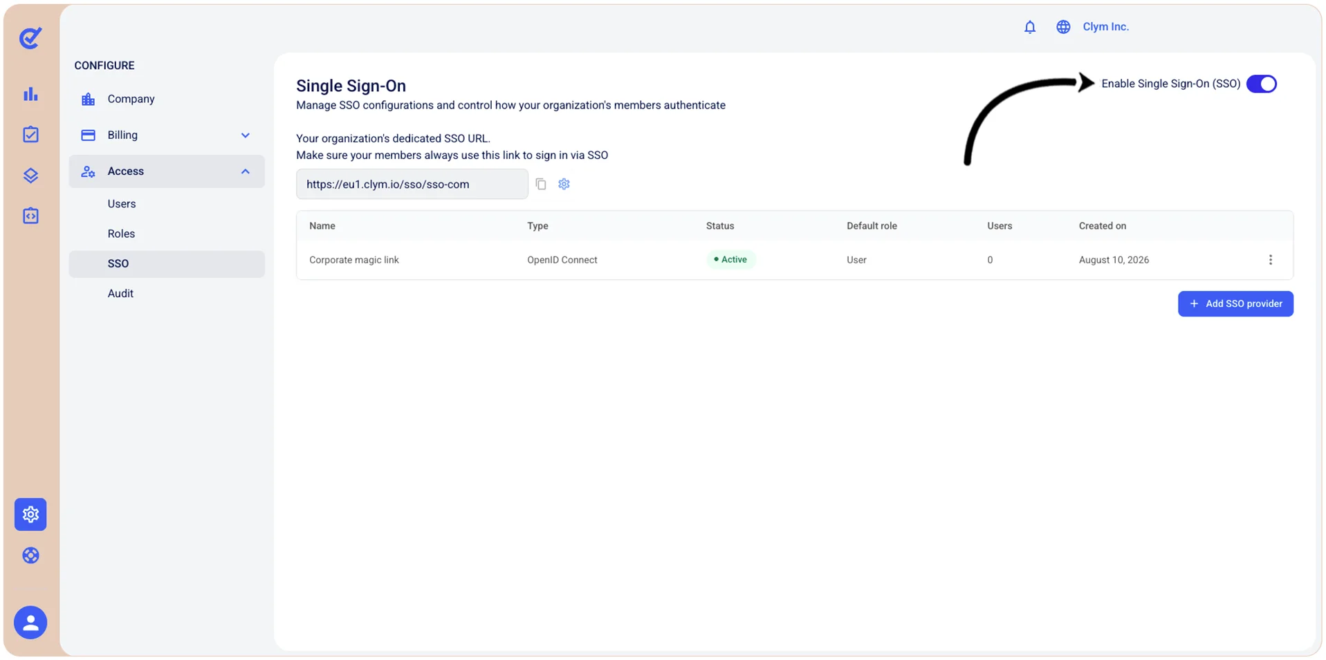 Enable Single Sign-On (SSO) toggle