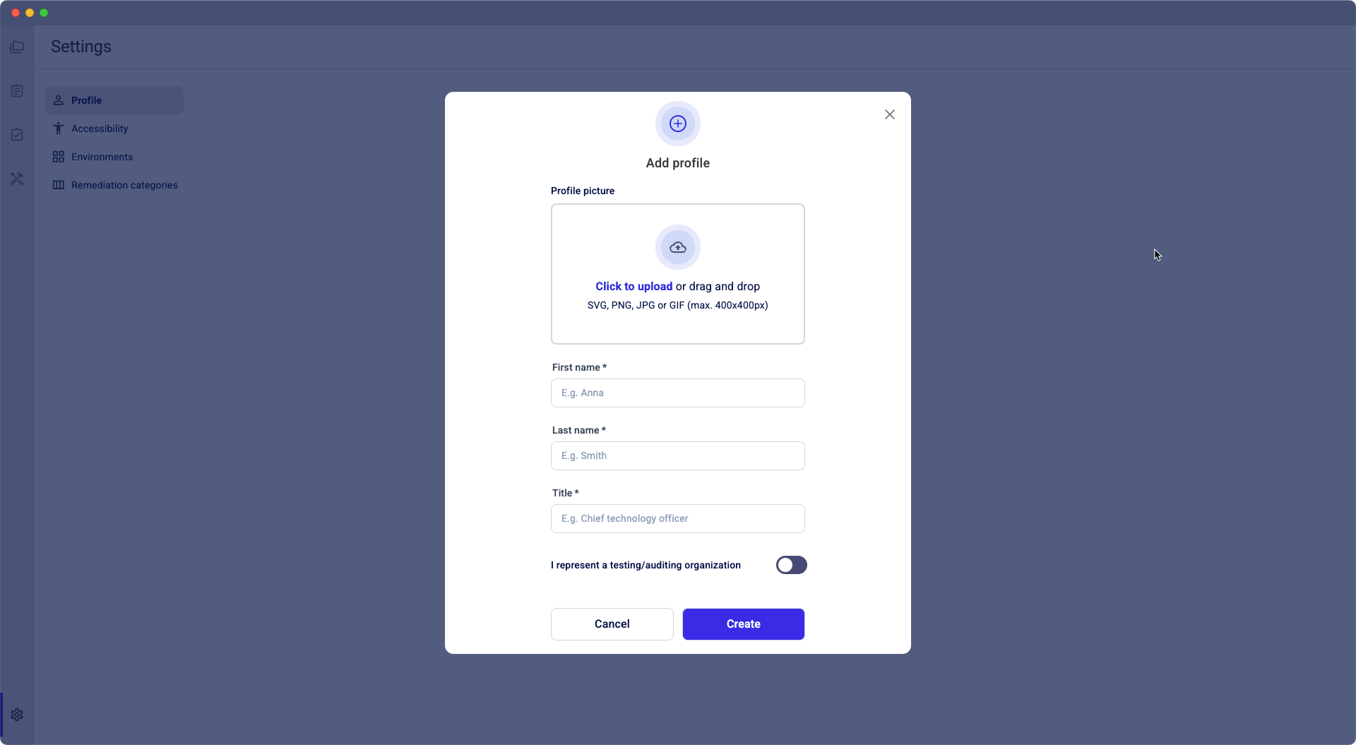 Create a profile (optional - if you want to create an audit).