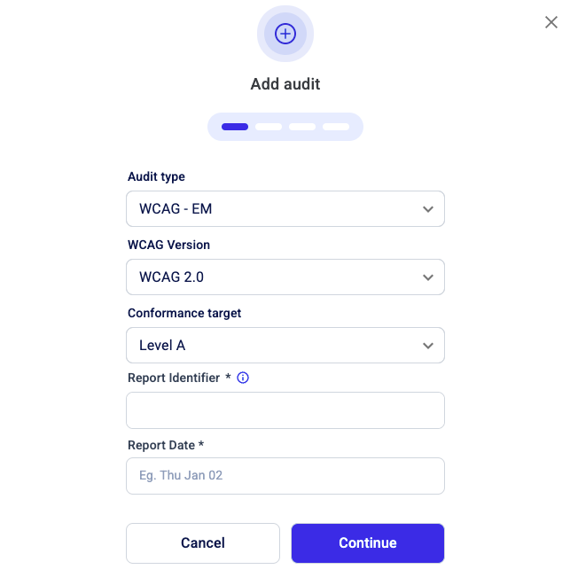 In the Add audit wizard screen, fill in the details