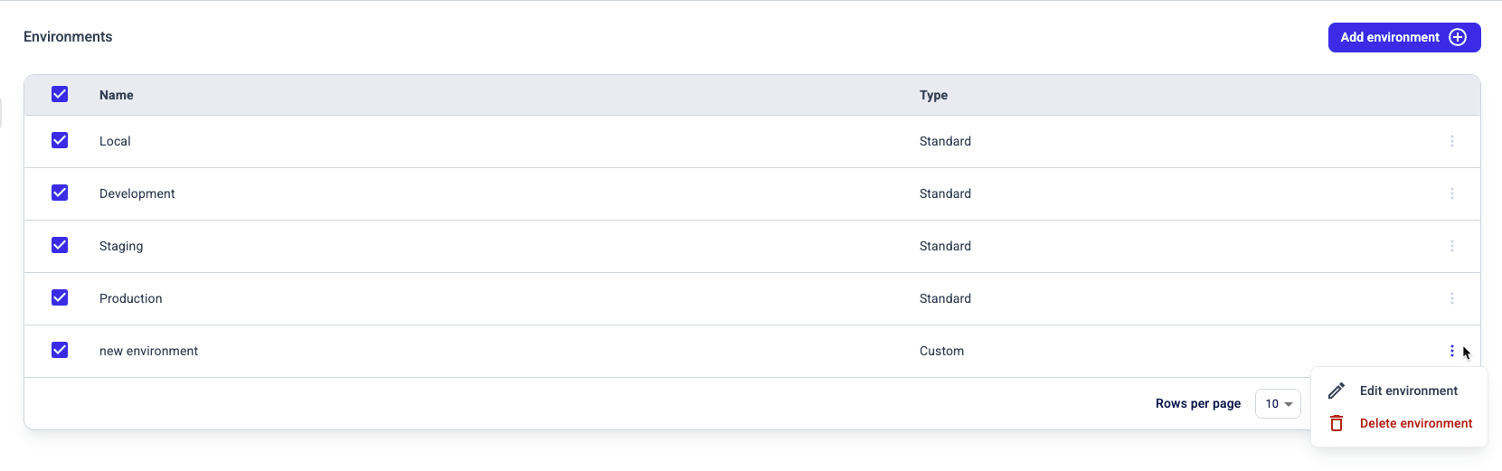 Click the Settings button next to the environment that you want to modify and then Edit…