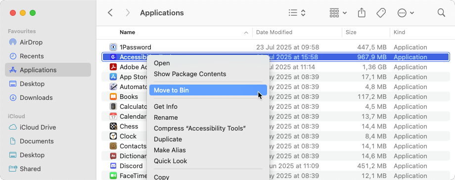 Right click on the app name and select Move to Bin, but make sure you have quit the app…
