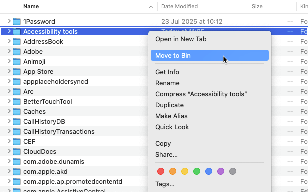 Identify the Accessibility tools folder, right click and move it to the Bin
