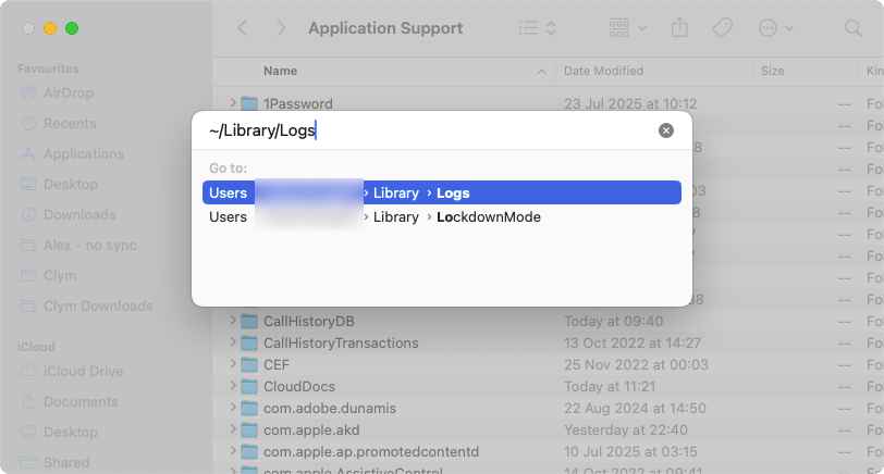 Next, from the same Finder window, using Cmd + Shift + G again, navigate to ~/Library/Logs
