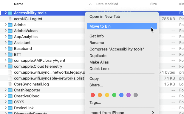 Identify the Accessibility tools folder, right click and move it to the Bin