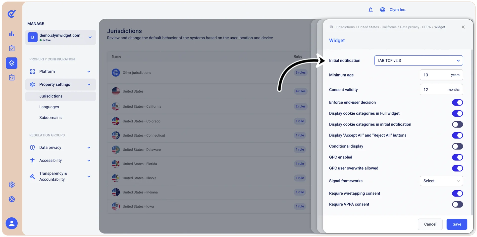 IAB TCF v2.3 Initial notification selected