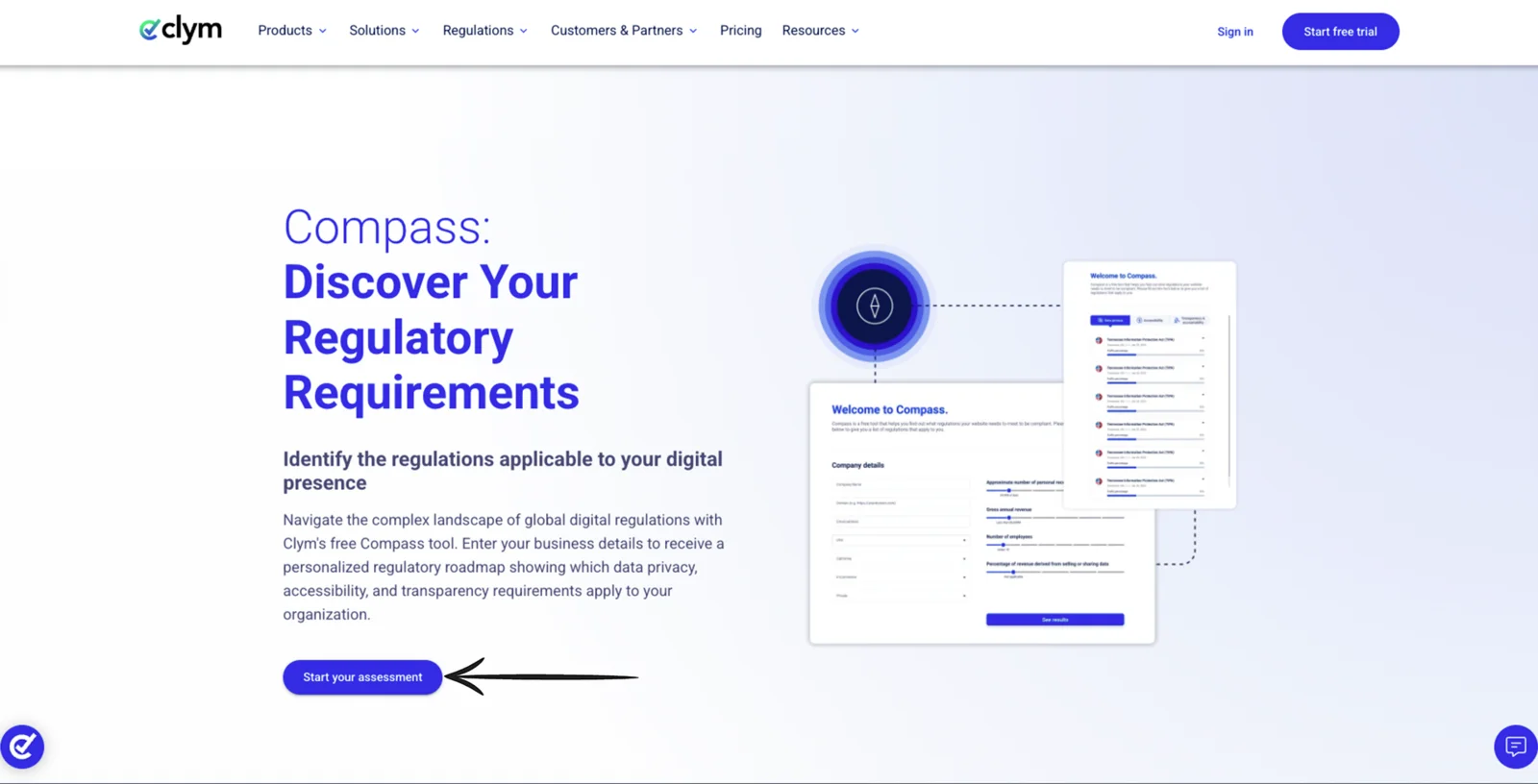 Compass entry page with the Start your assessment button