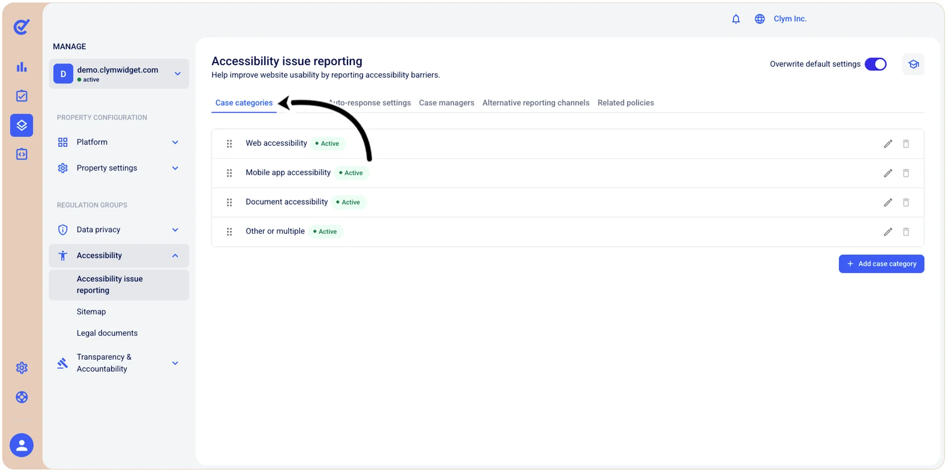 Case categories tab
