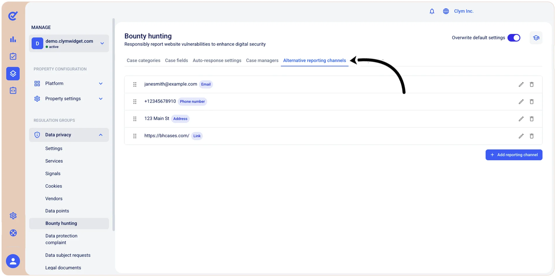 Alternative reporting channels tab