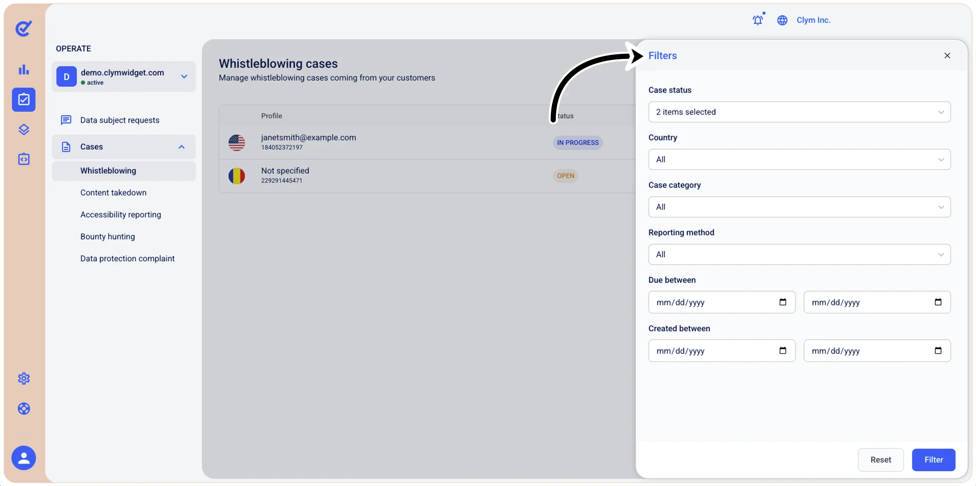 Filter menu