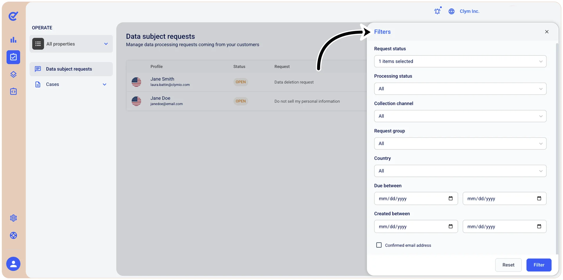 Filter menu
