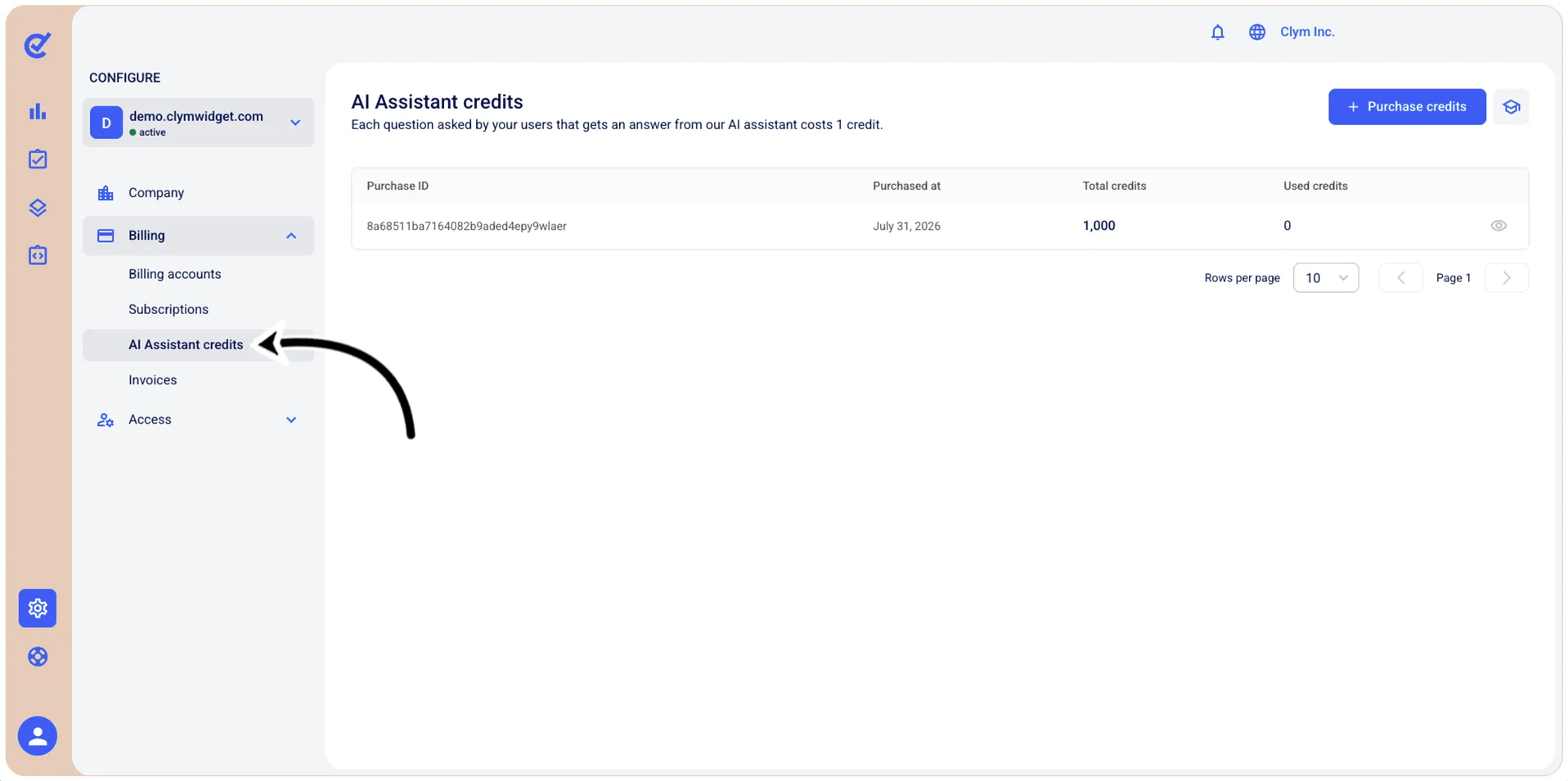 AI Assistant credits section