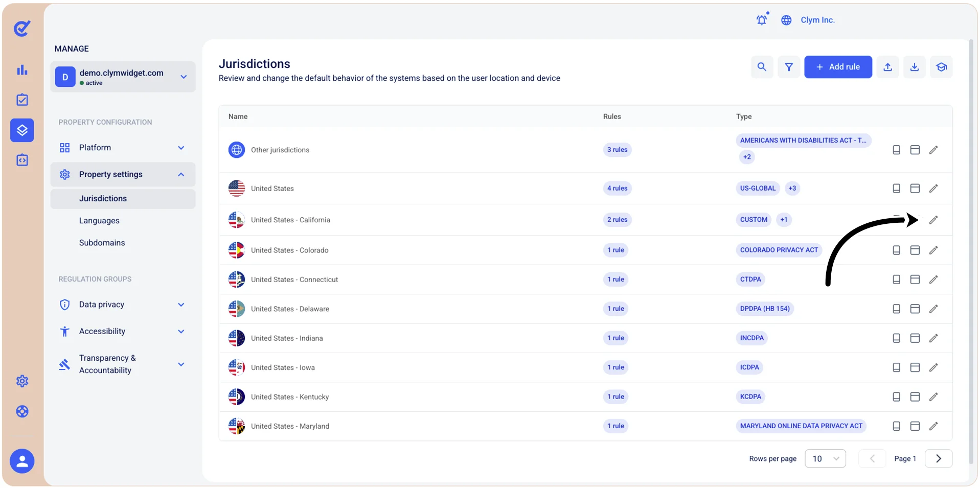Edit a jurisdiction button