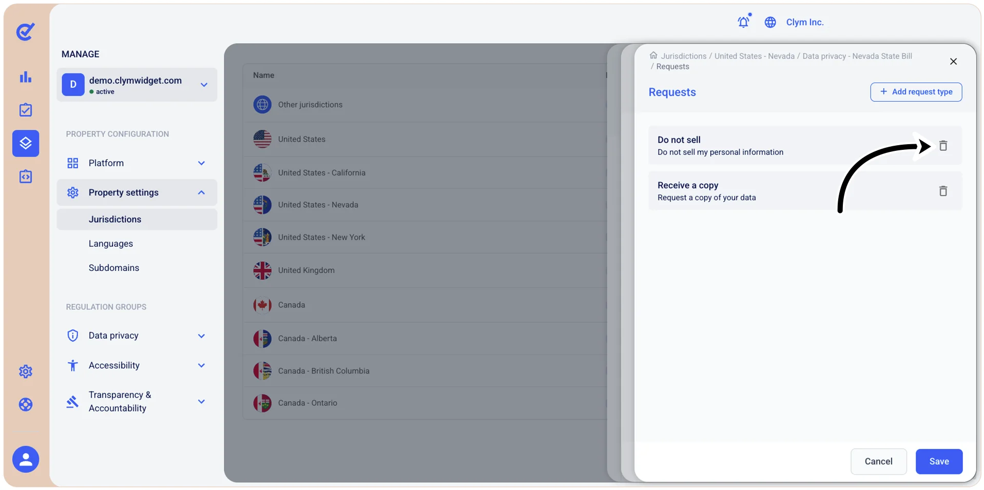 Delete request type button