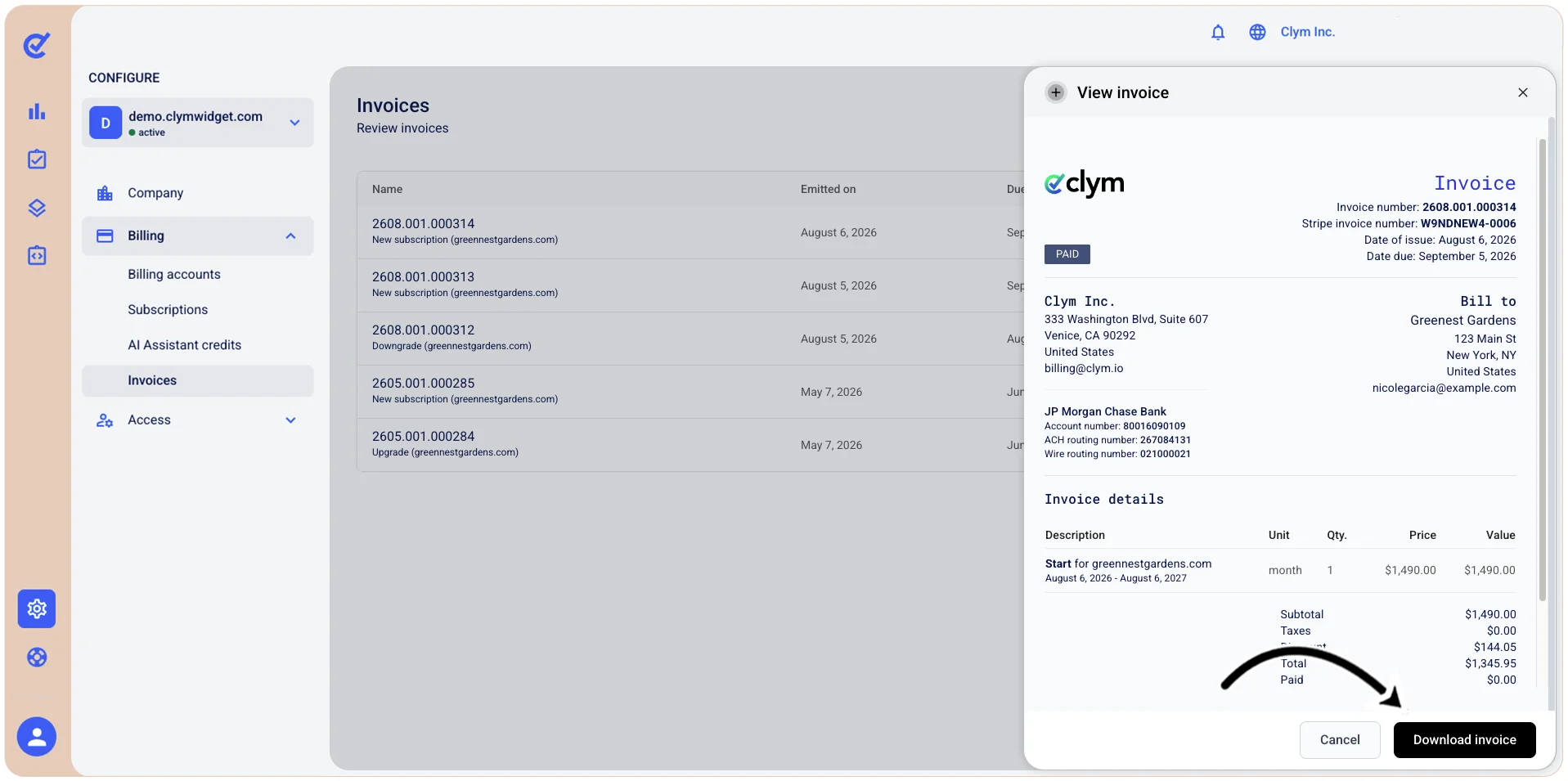 Download invoice button