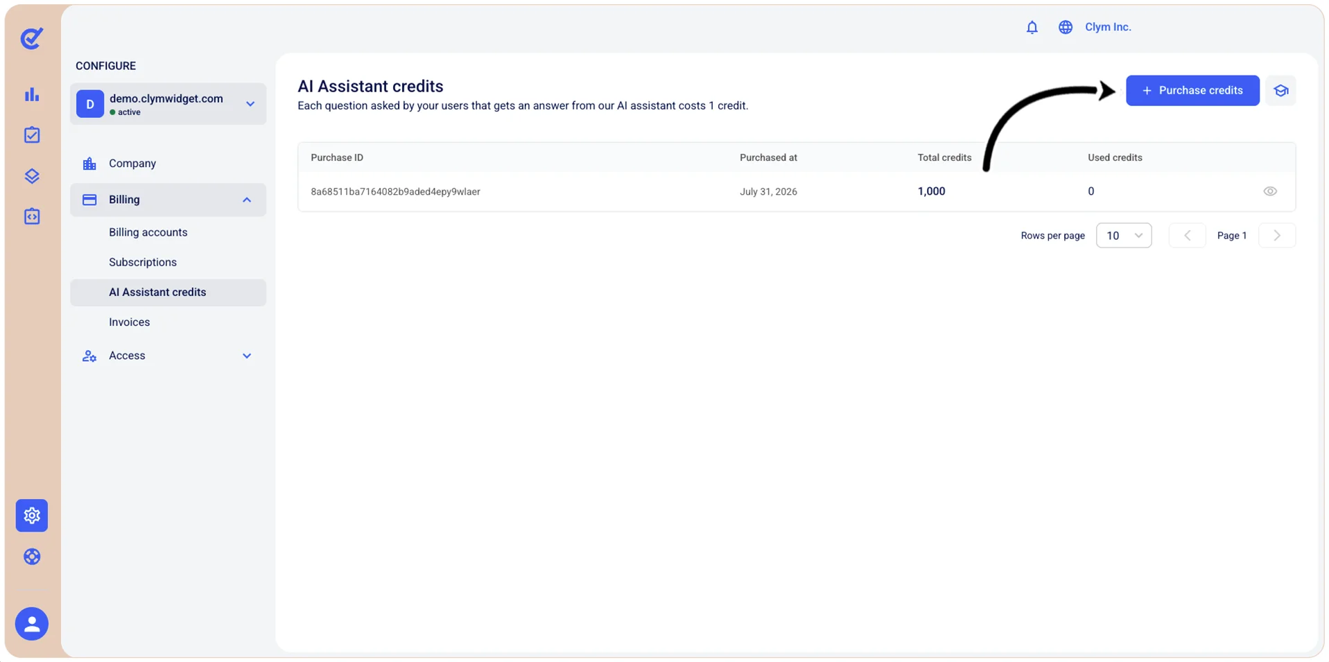 Purchase credits button