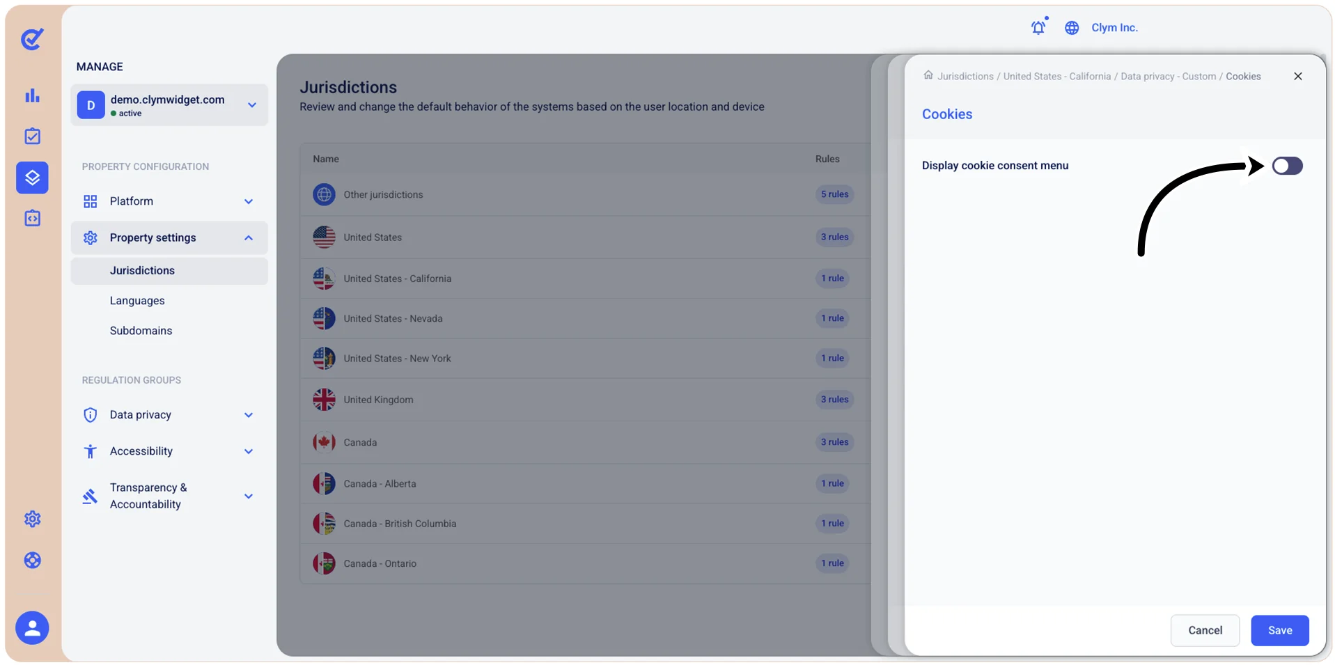 Display cookie consent menu toggle