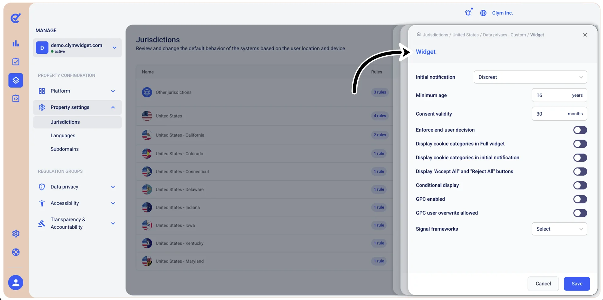 Widget data privacy settings