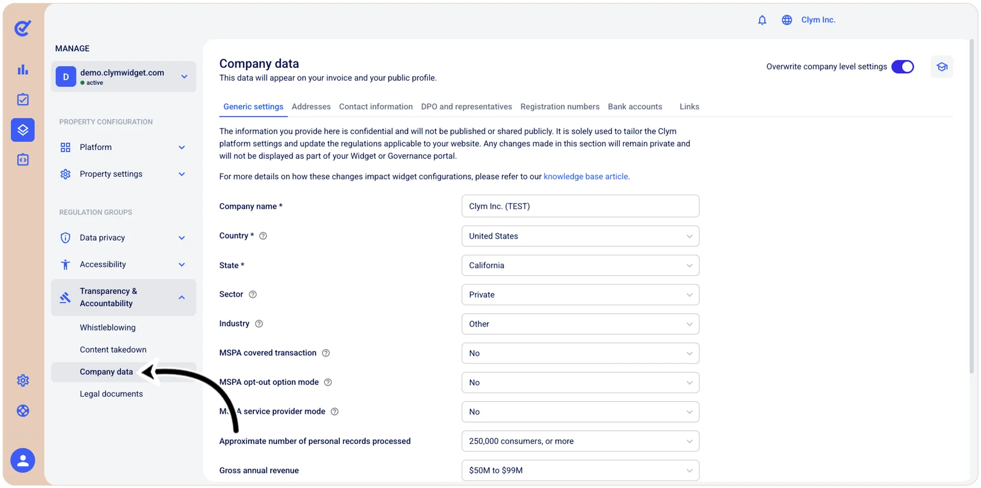 Company data section