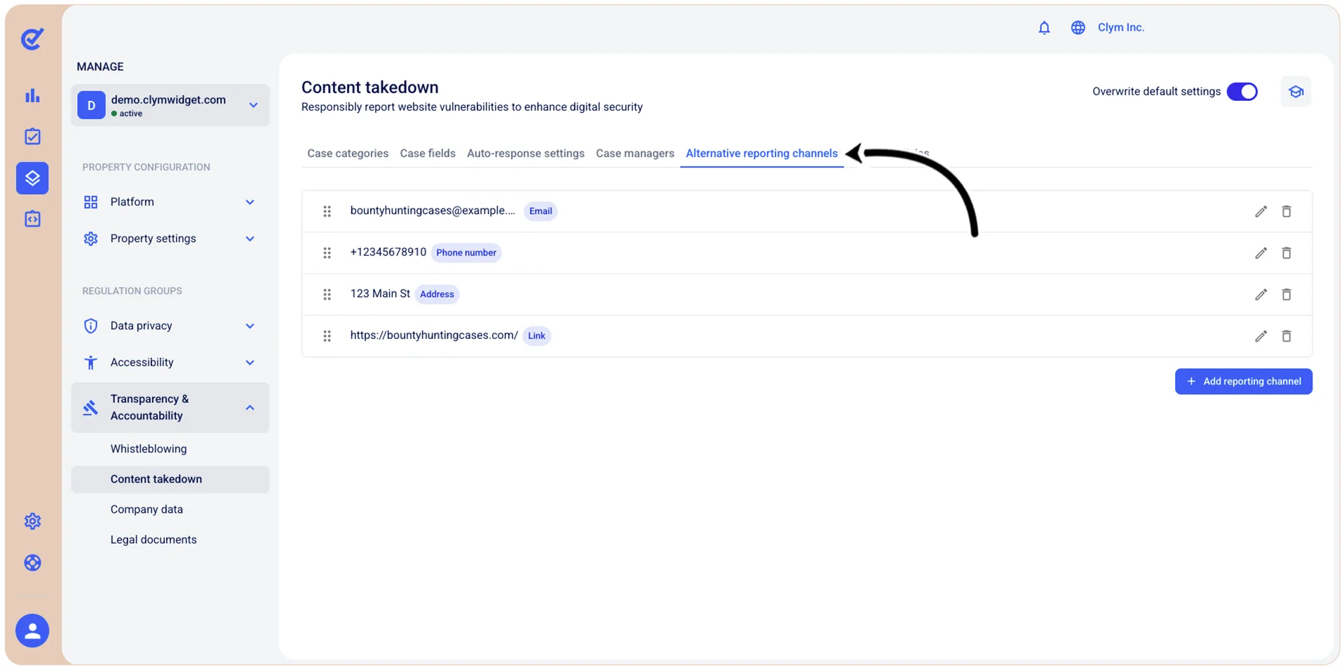 Alternative reporting channels tab
