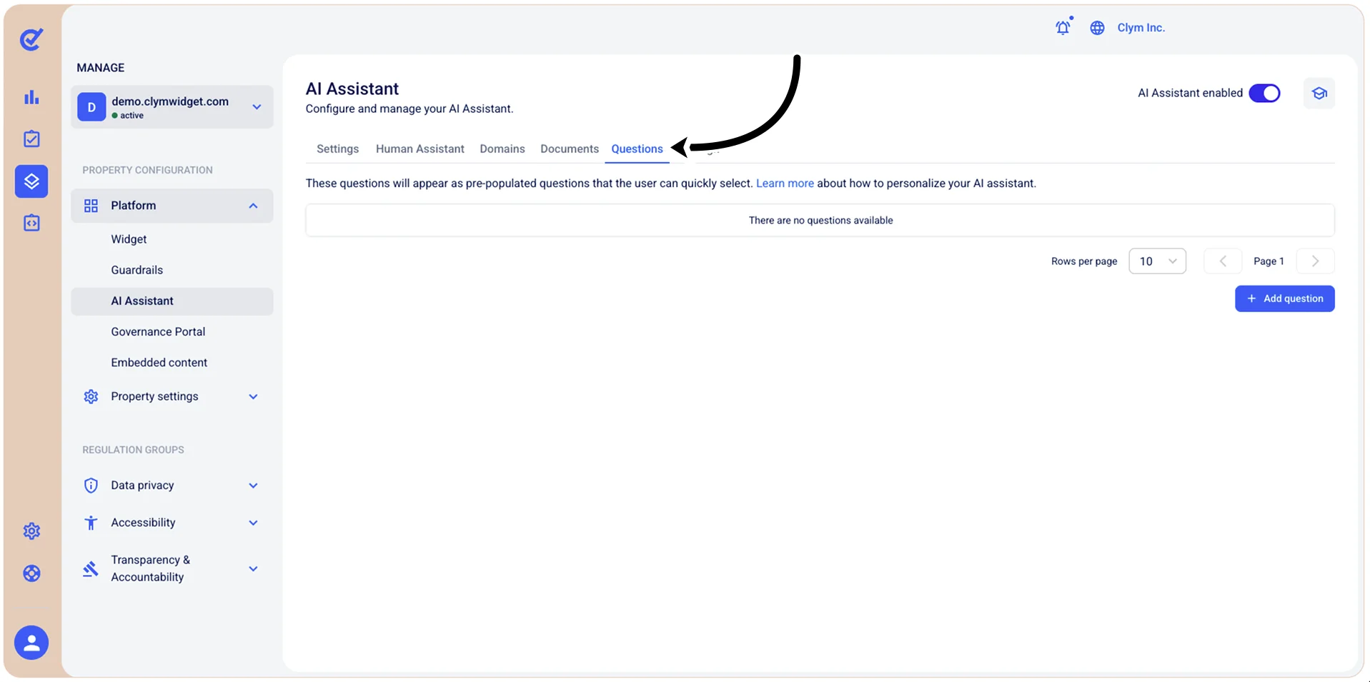 Questions tab