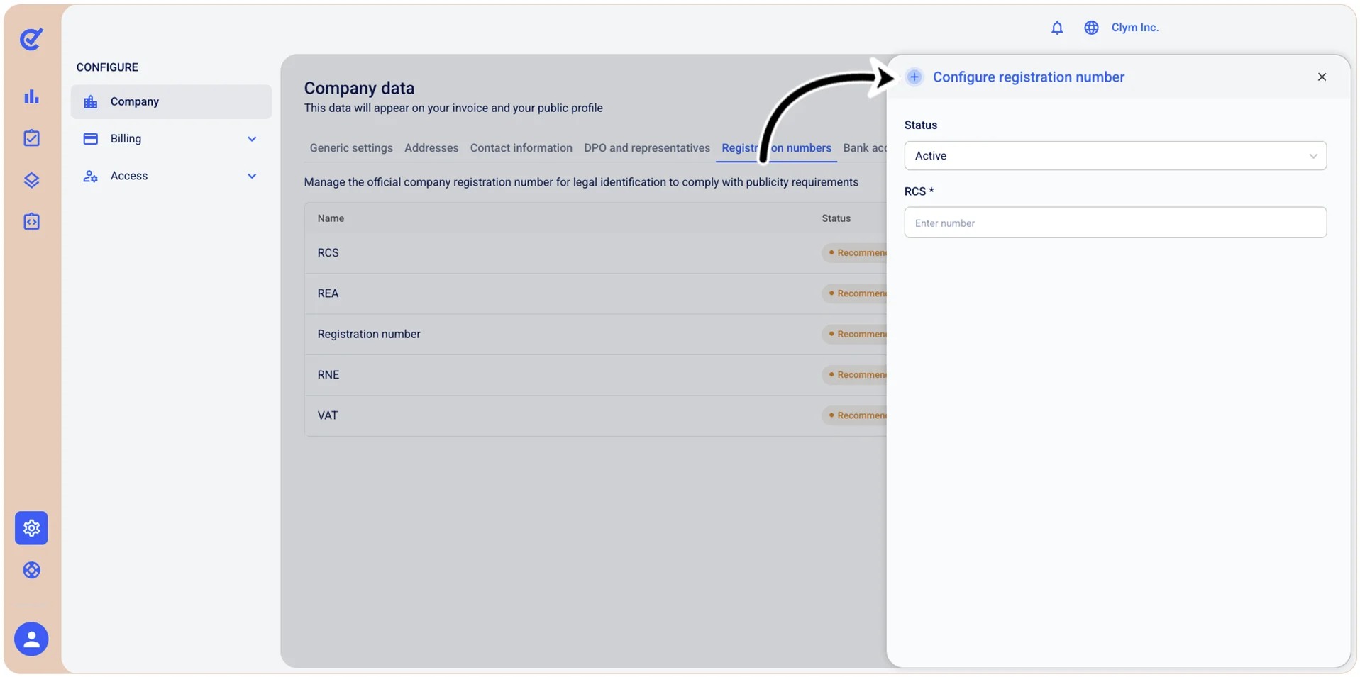 Configure registration number window