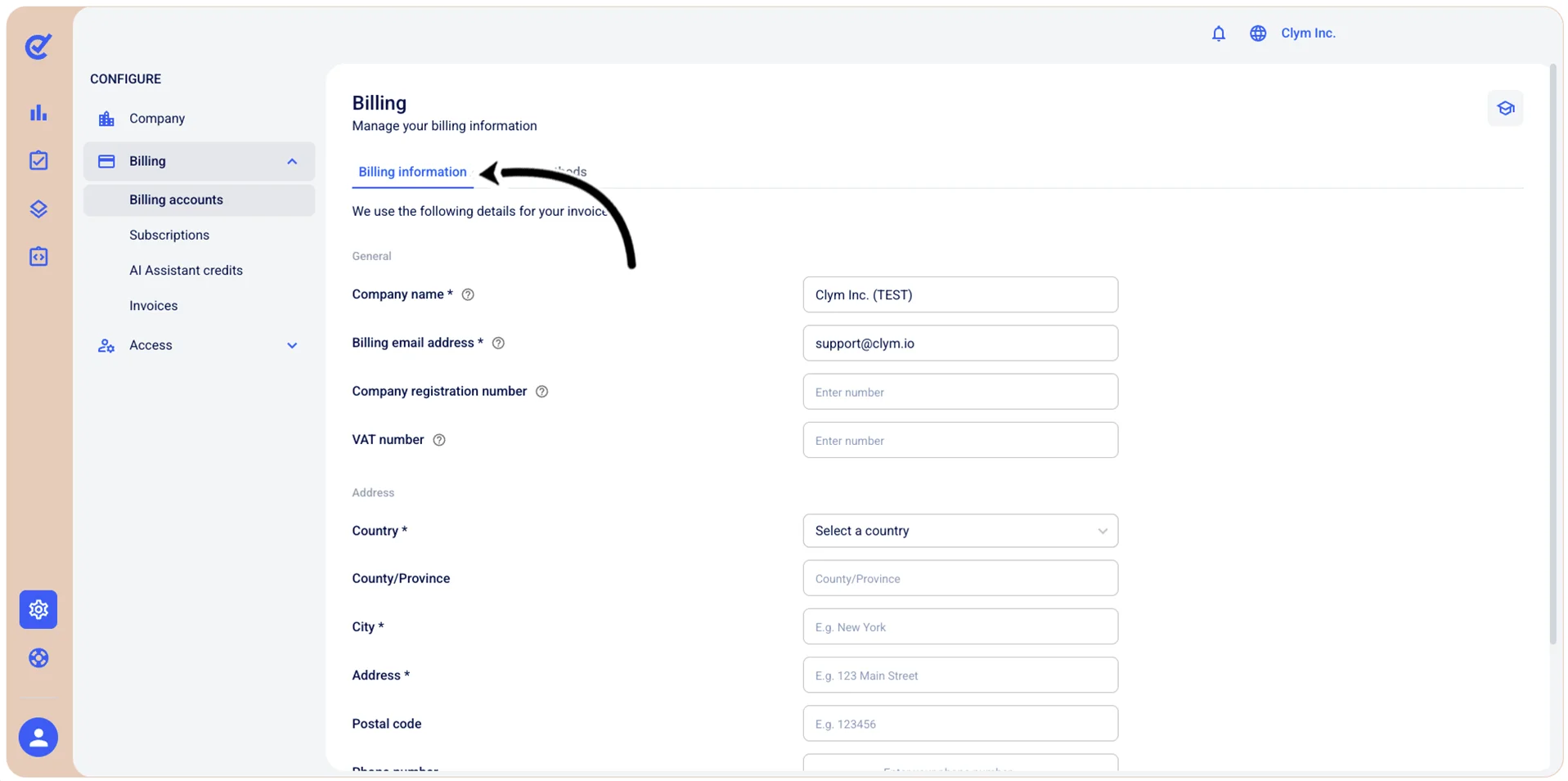 Billing information tab