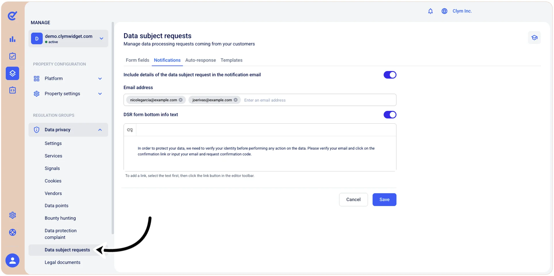 Data subject requests settings section