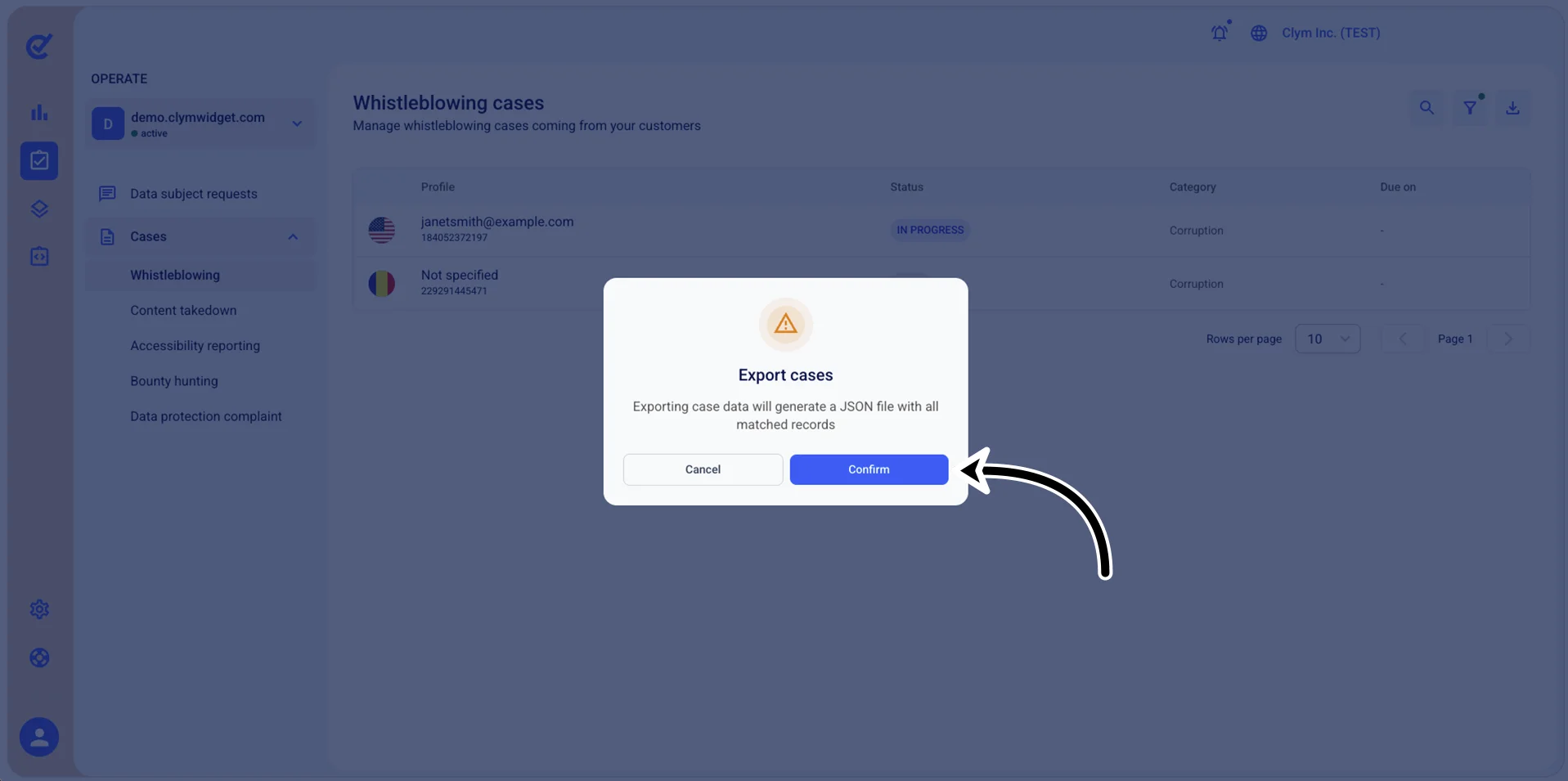 Export cases confirmation