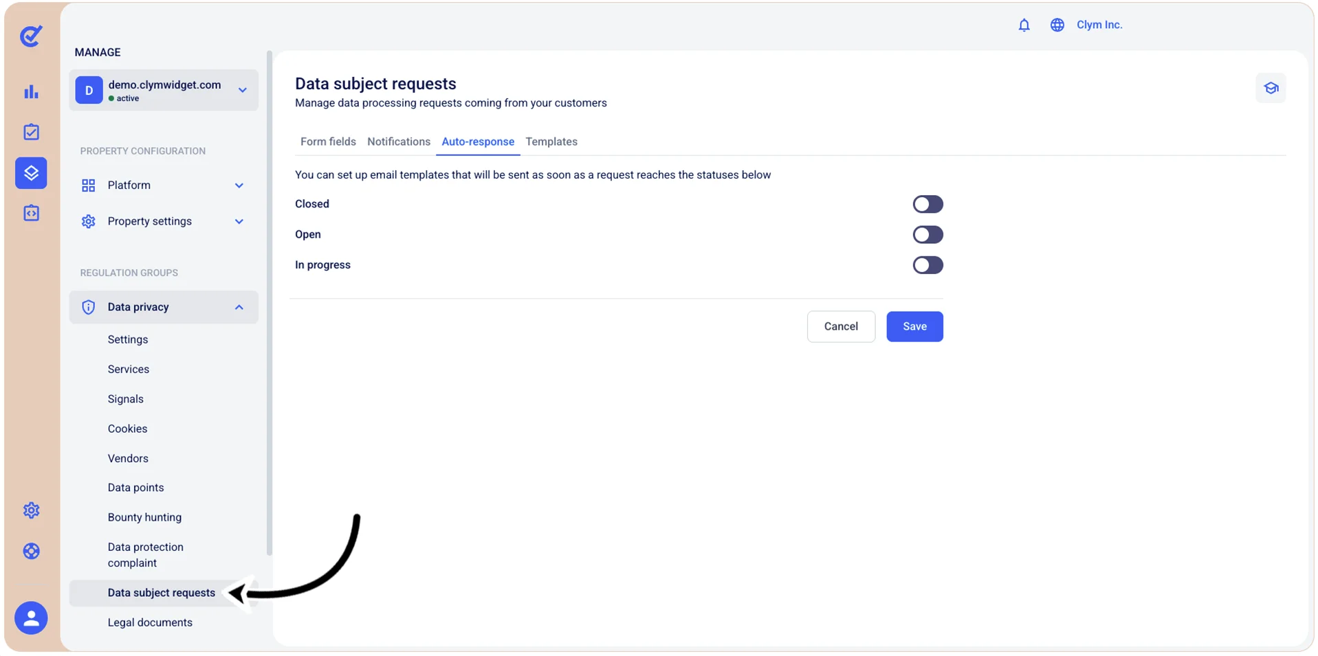 Data subject requests settings section