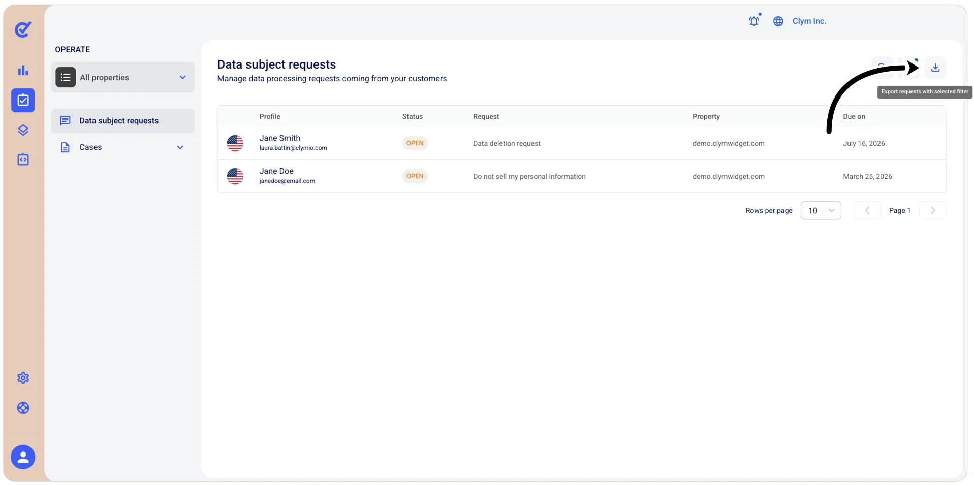 Export with selected filter button