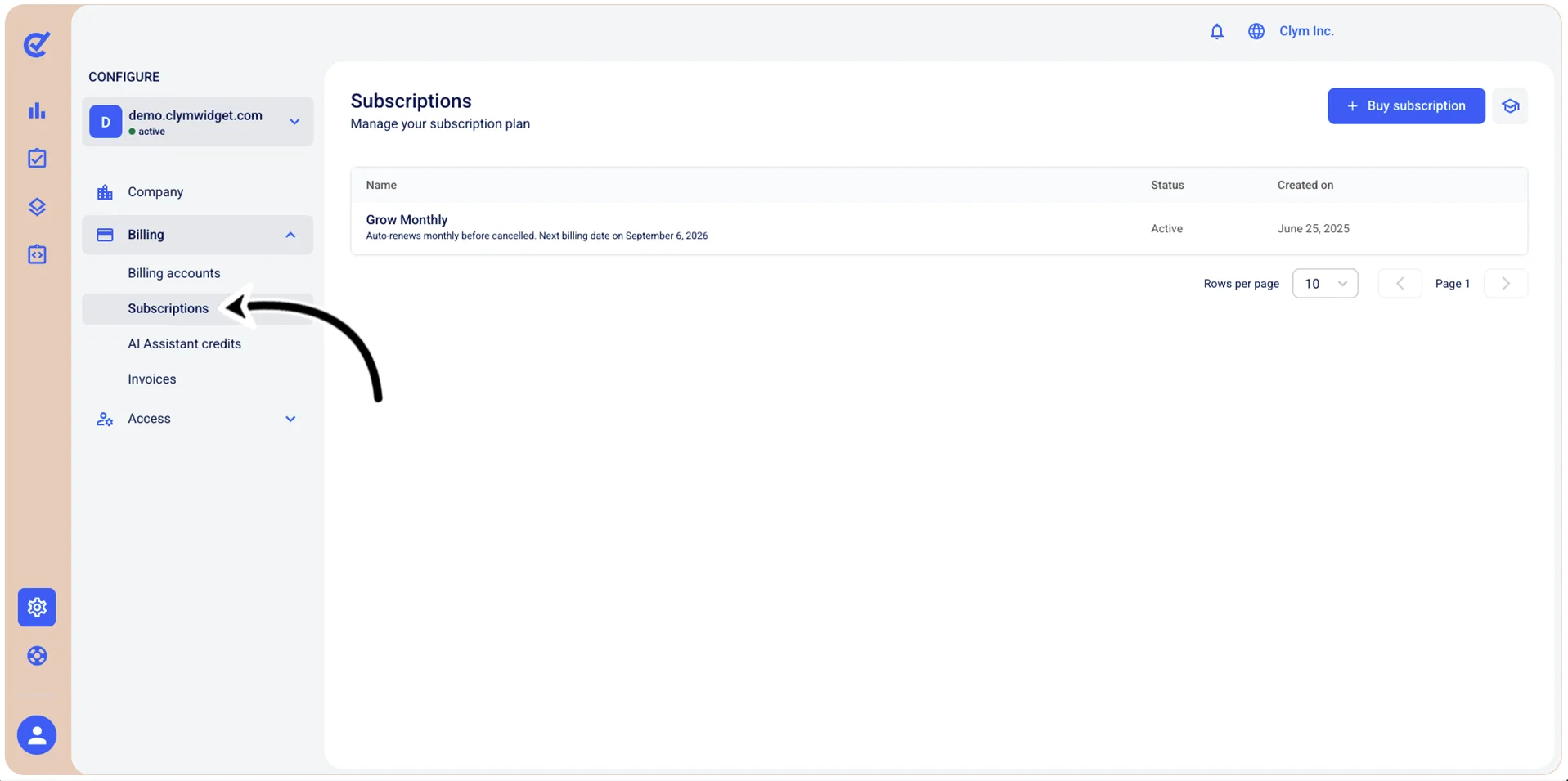 Subscriptions section