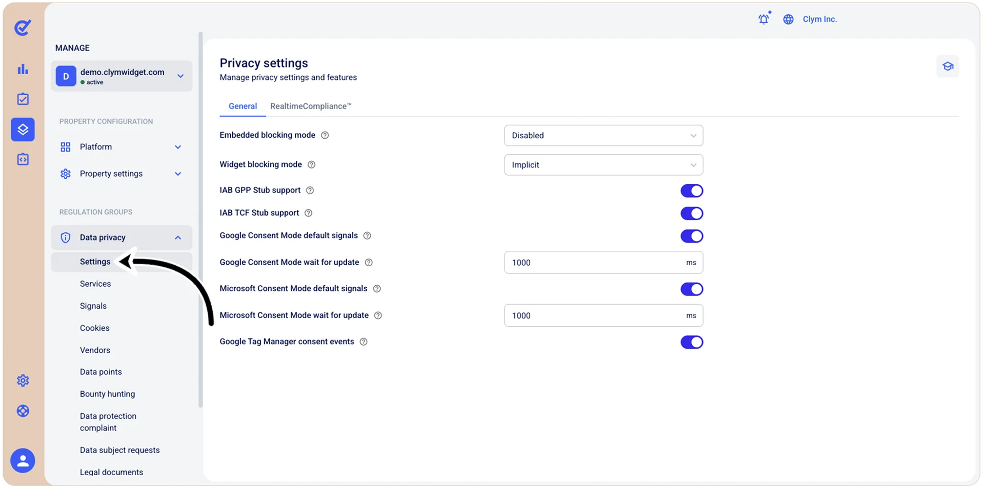 Data privacy settings section