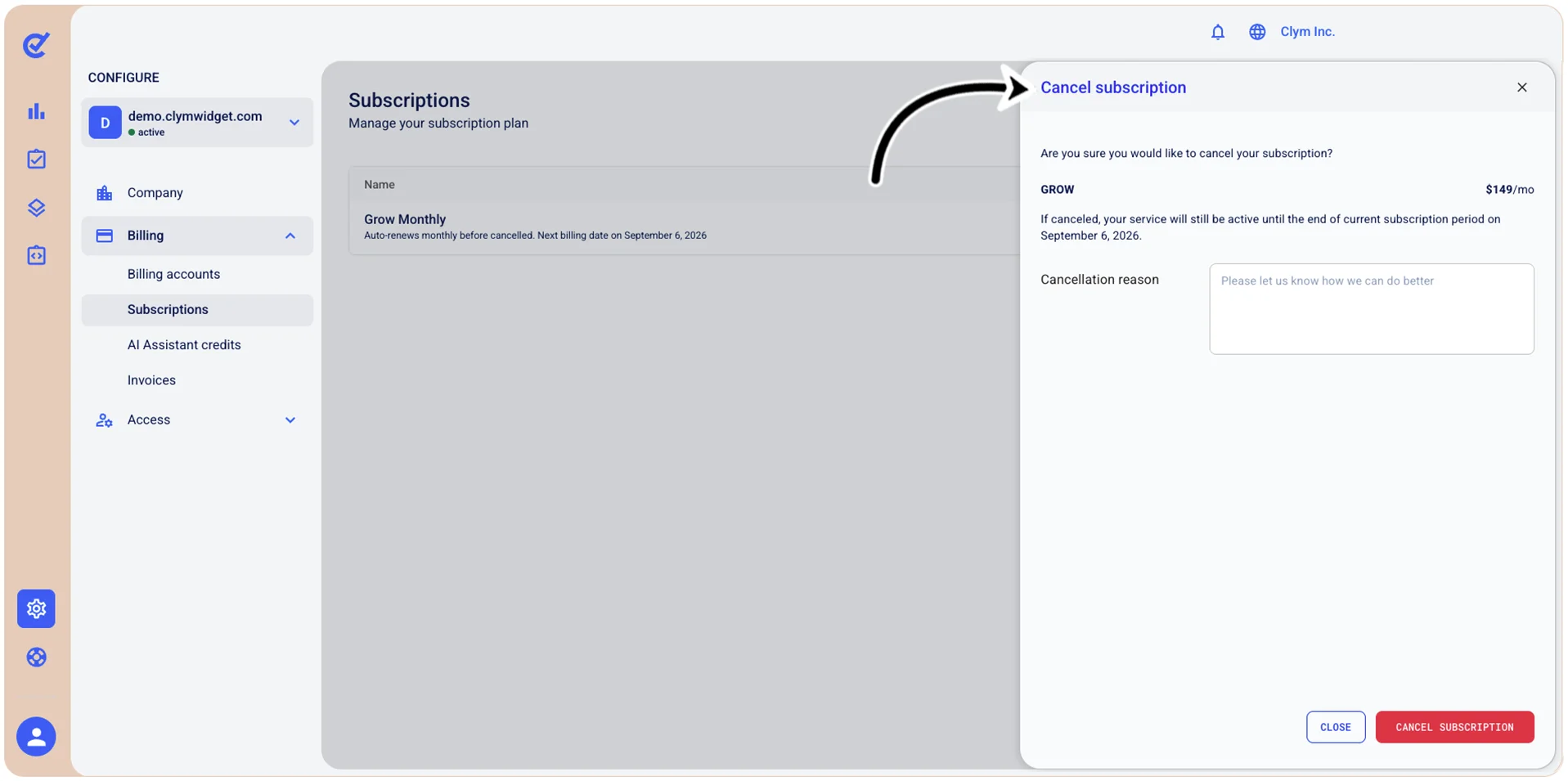 Cancellation reason window