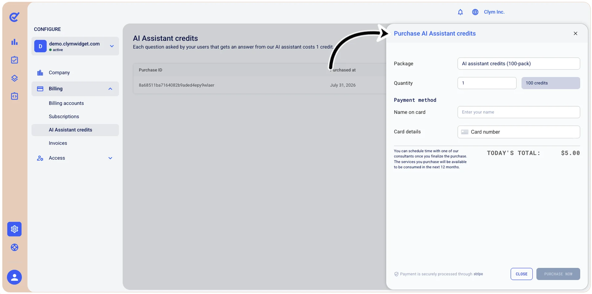 Purchase credits window