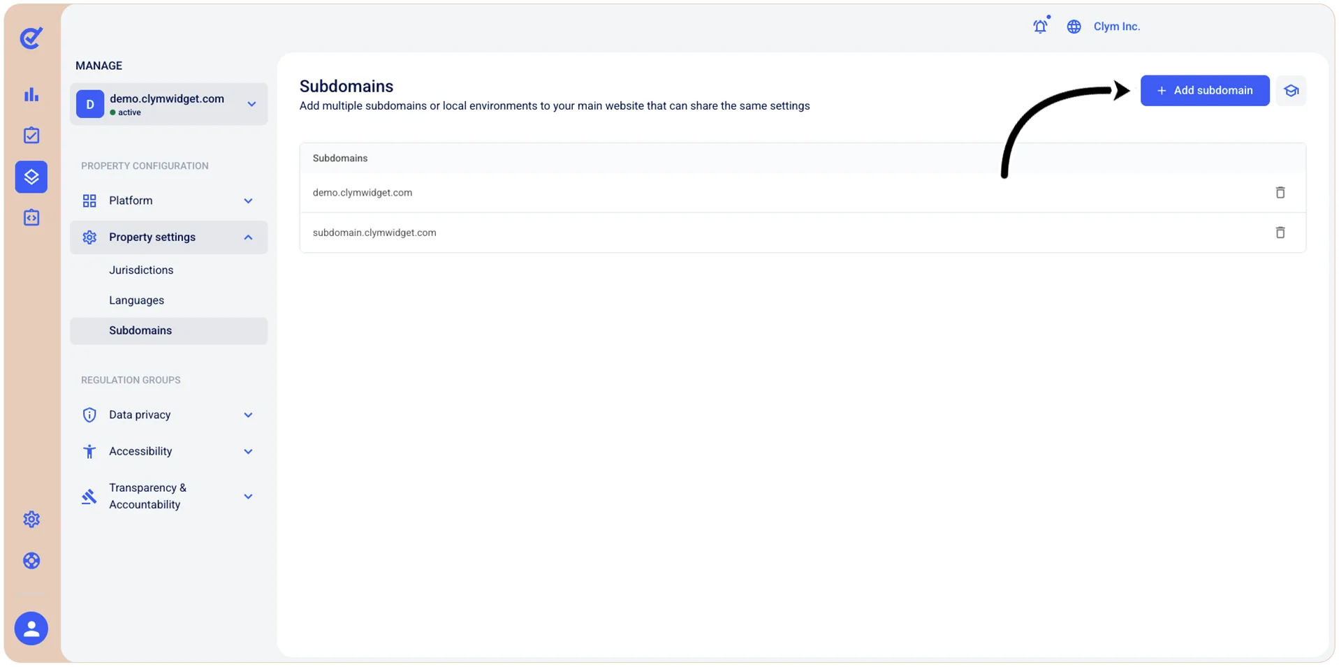 Add subdomain button
