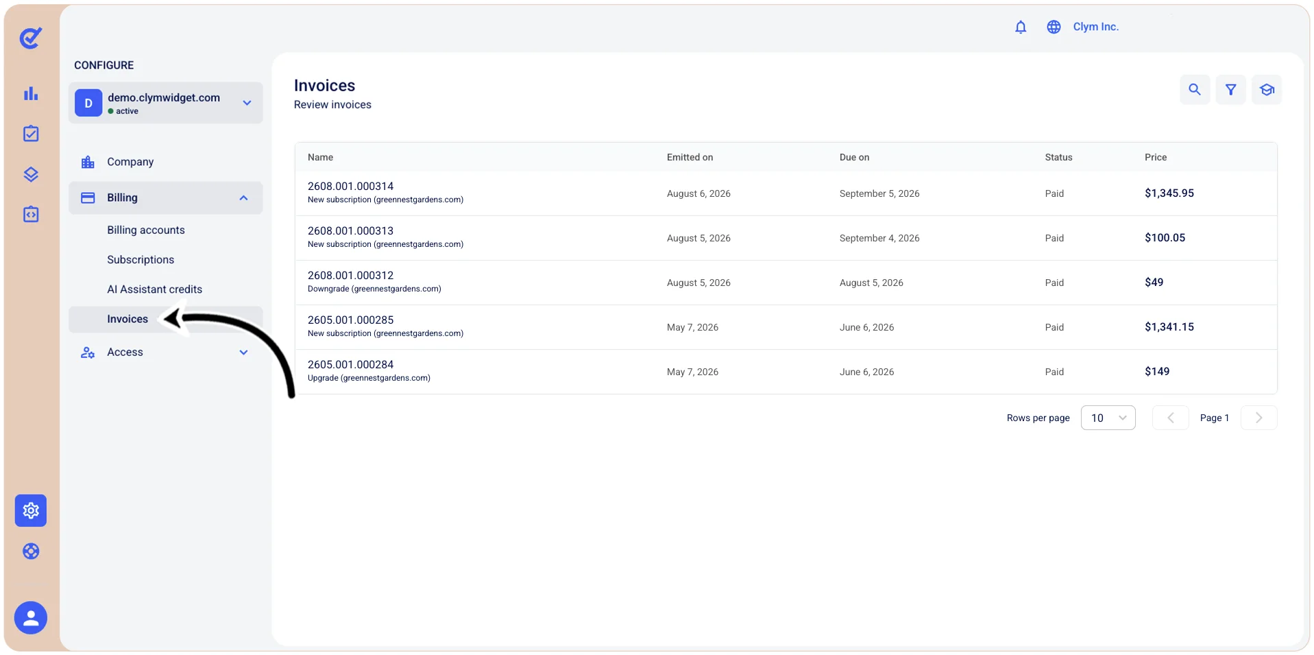 Invoices section