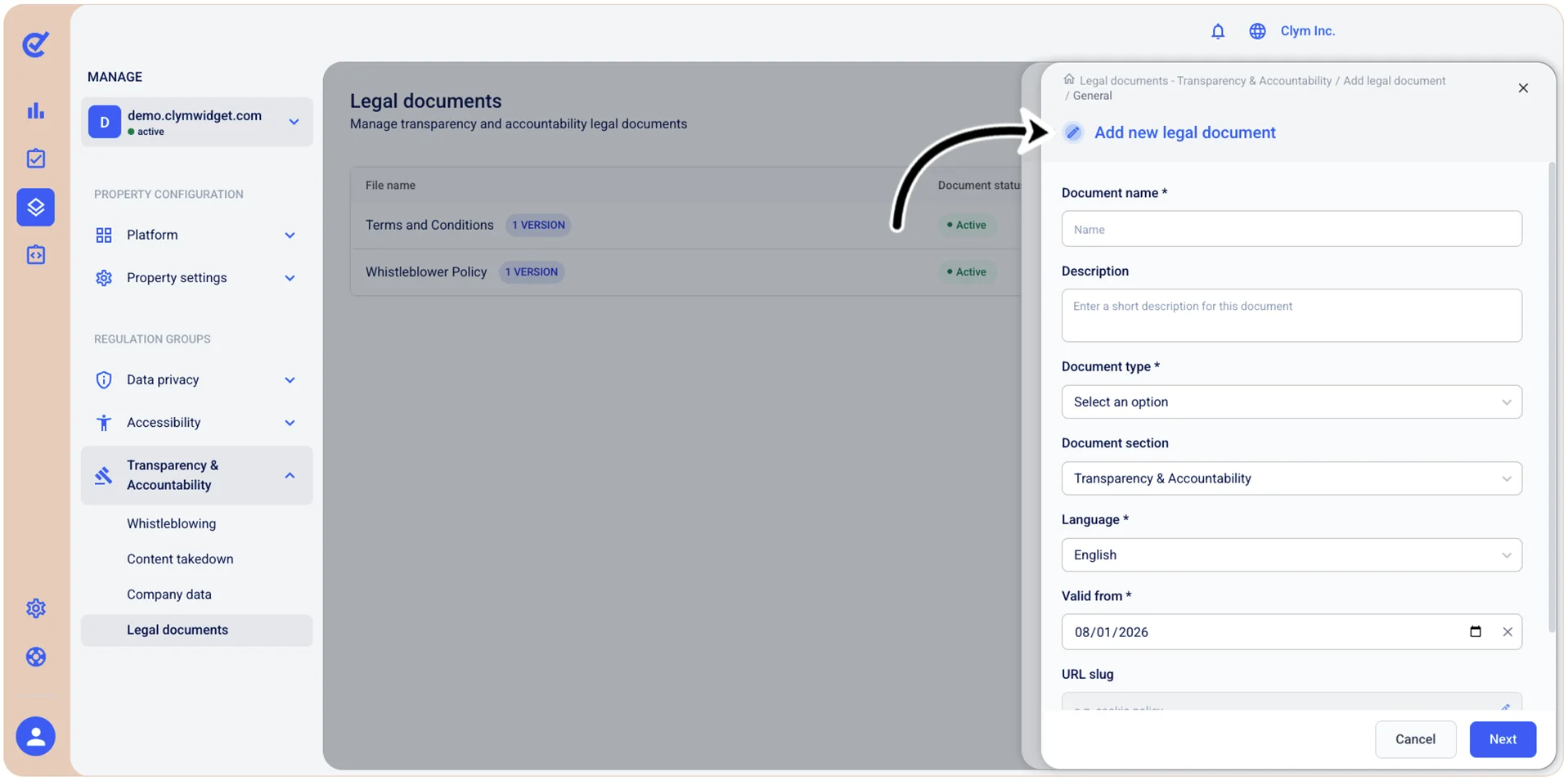 Add new legal document window