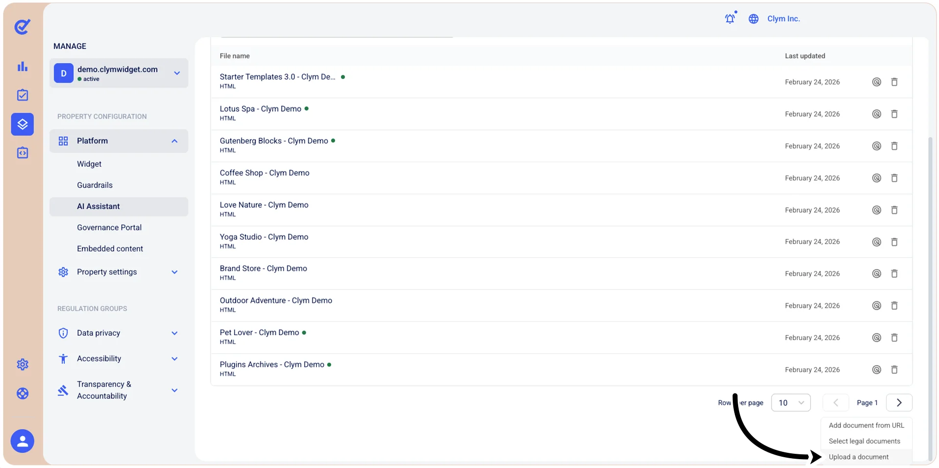 Upload a document button