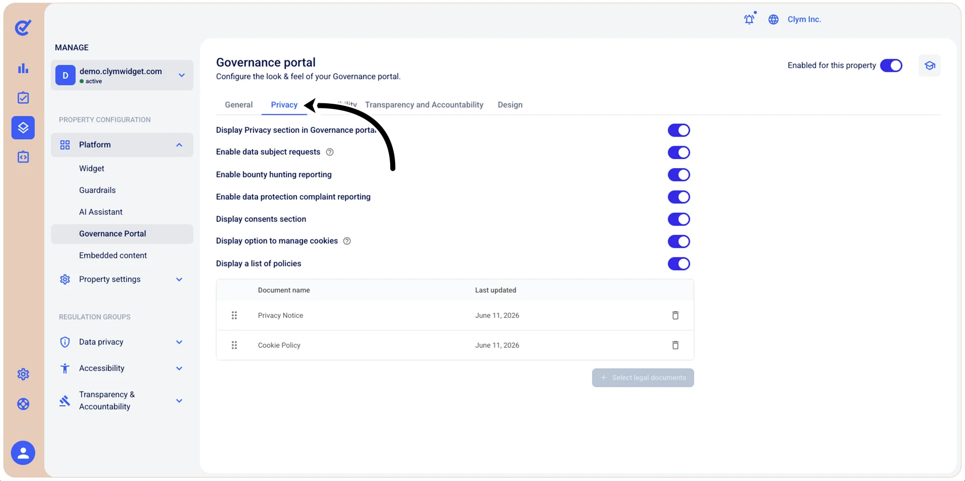 Privacy tab