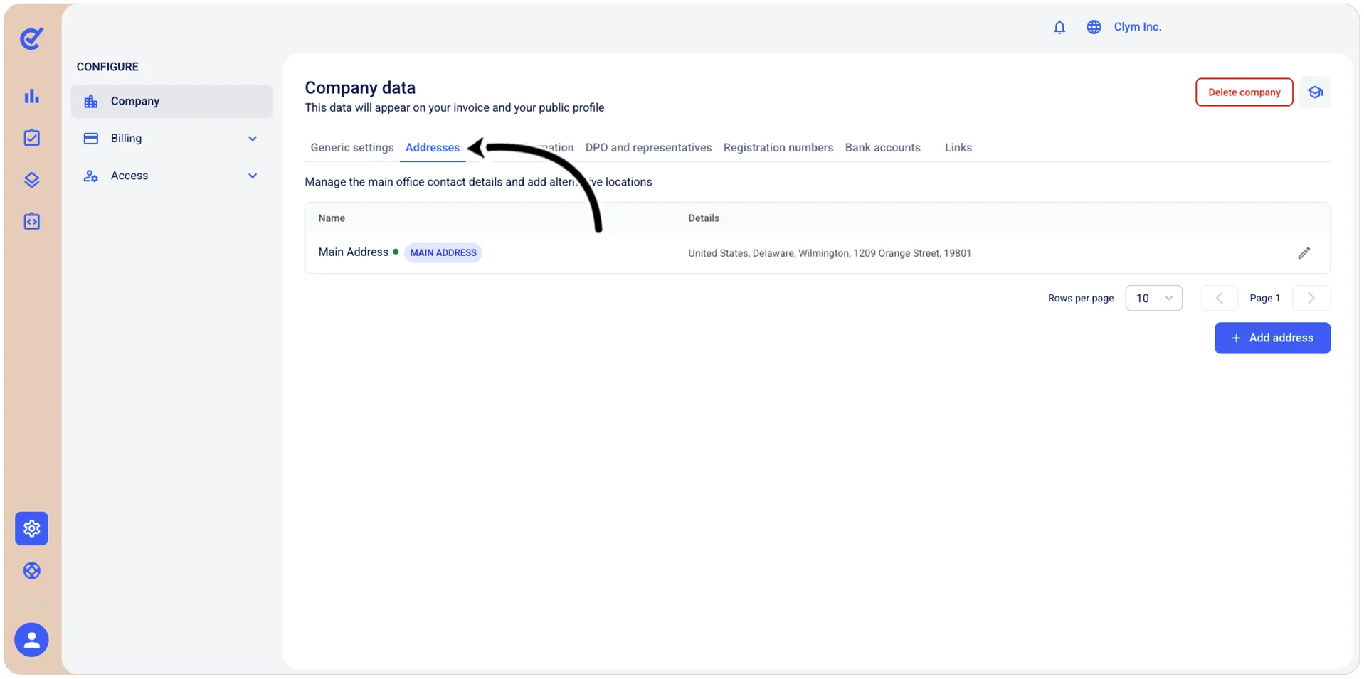Addresses tab